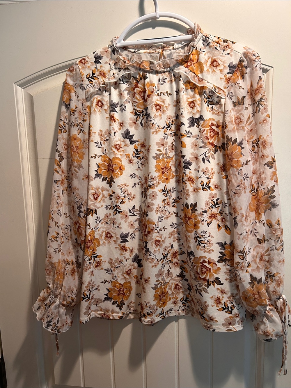 PerSeption Concept Cream Floral Ruffle-Neck Blouse with Gold Accents